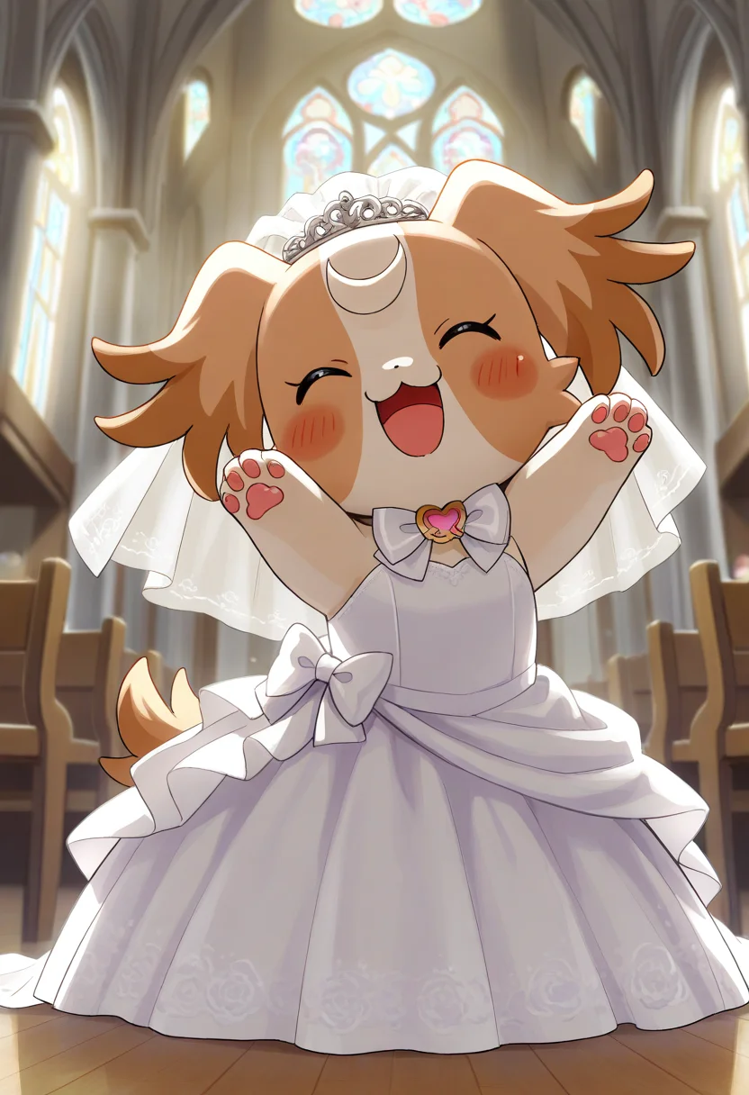 best quality, masterpiece, very aesthetic, dogkomugi, no humans, solo, :3, bowtie, dog, bow, church, furry, feral, wedding dress, wedding veil, open mouth, happy, dynamic pose,