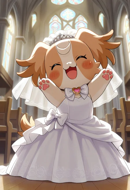 best quality, masterpiece, very aesthetic, dogkomugi, no humans, solo, :3, bowtie, dog, bow, church, furry, feral, wedding dress, wedding veil, open mouth, happy, dynamic pose,