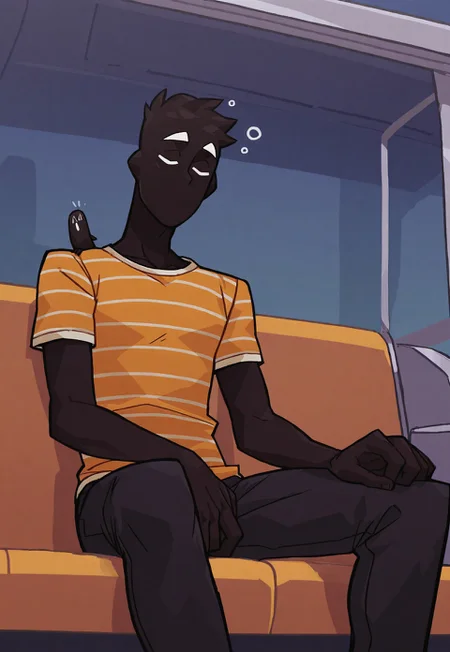 , safe_pos, solo, masterpiece, detailed, uwa, huge filesize, ultra hd, best quality, male focus, (absurdres, highres),
1boy, Oz_Mp, black skin, Striped shirt, black pants, sitting on bus, Dynamic angle, sleeping closed eyes,