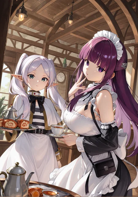 {purple hair,fern,fern (sousou no frieren),purple eyes,large breasts,twintails,},2girls,twintails,maid,long hair,maid headdress,holding,apron,looking at viewer,dress,cup,frills,white apron,jewelry,teacup,capelet,teapot,long sleeves,indoors,maid apron,hair ornament,bare shoulders,{frieren,white hair,},white dress,tray,bow,frilled apron,white capelet,food,detached sleeves,belt,
masterpiece,best quality,good quality,newest,highres,absurdres,
<lora:MeIoN_V-Pred_V1_NOOBAI-000093:1>,