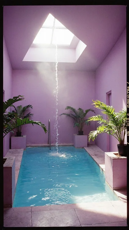 8n8log, Indoor pool surrounded by lilac-tiled walls and platforms, fern plants placed on tiled sections, waterfall cascading from an opening in the ceiling, mist and sunlight beams entering through skylight, water reflecting shimmering light, soft and hazy atmosphere, geometric architectural design, vibrant lilac color palette, serene and tranquil setting, angled view showcasing depth, natural and artificial lighting blending, luxurious and dreamlike environment. film photography aesthetic, film grain effect prominent throughout image, high contrast lighting creating dramatic shadows, grainy film-like texture