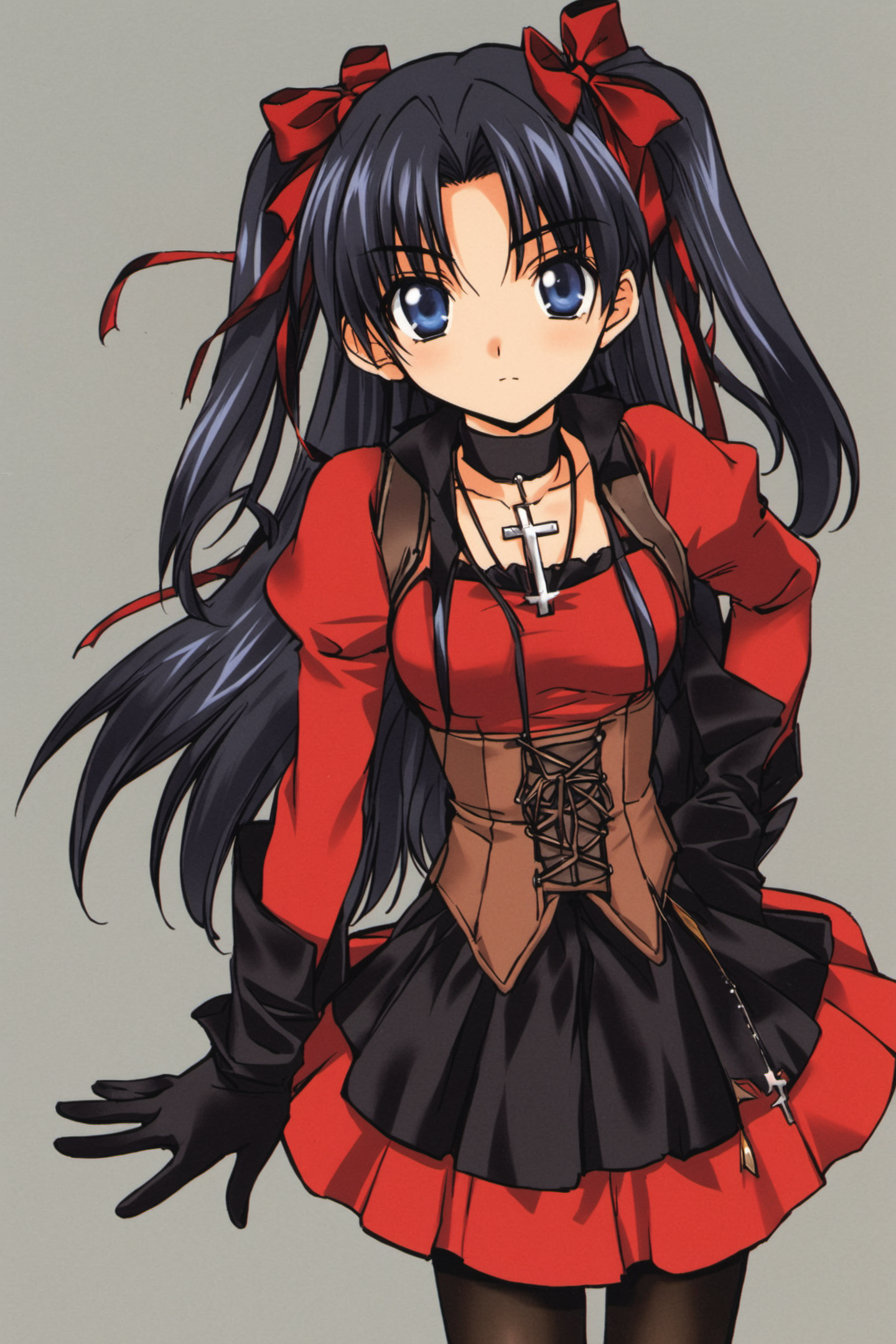 1girl, solo, tohsaka rin, red shirt, cross, long hair, skirt, shirt, white background, gloves, black skirt, necklace, jewelry, simple background, looking at viewer, bow, black hair, bangs, long sleeves, two side up, corset, black gloves, blue eyes, hair bow, ribbon, pantyhose, cross necklace, black pantyhose, latin cross, closed mouth, parted bangs, bowtie, black bow, hair ribbon, red bow,<lora:Azuma Mayumi_XL:0.8>,