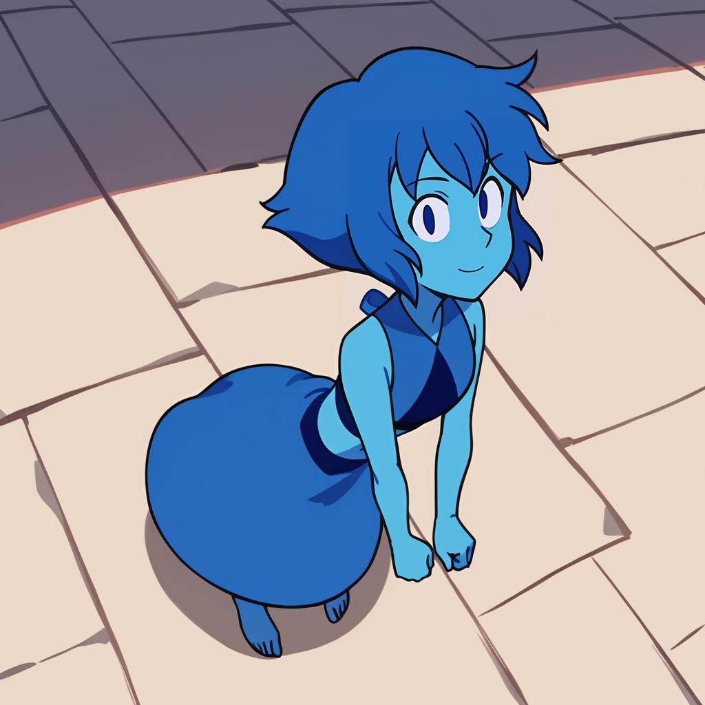 score_9, score_8_up, score_7_up, score_6_up, score_5_up, score_4_up, anime screencap, flat color, source_cartoon, <lora:Lapiz_Lazuli_Steven_Universe-000006:0.8> , lzsu, blue dress, sleeveless, short hair, colored skin, blue skin, blue hair, blue eyes, no pupils,  crop top, stomach cutout, barefoot, from above, looking at viewer, facing up, light smile,