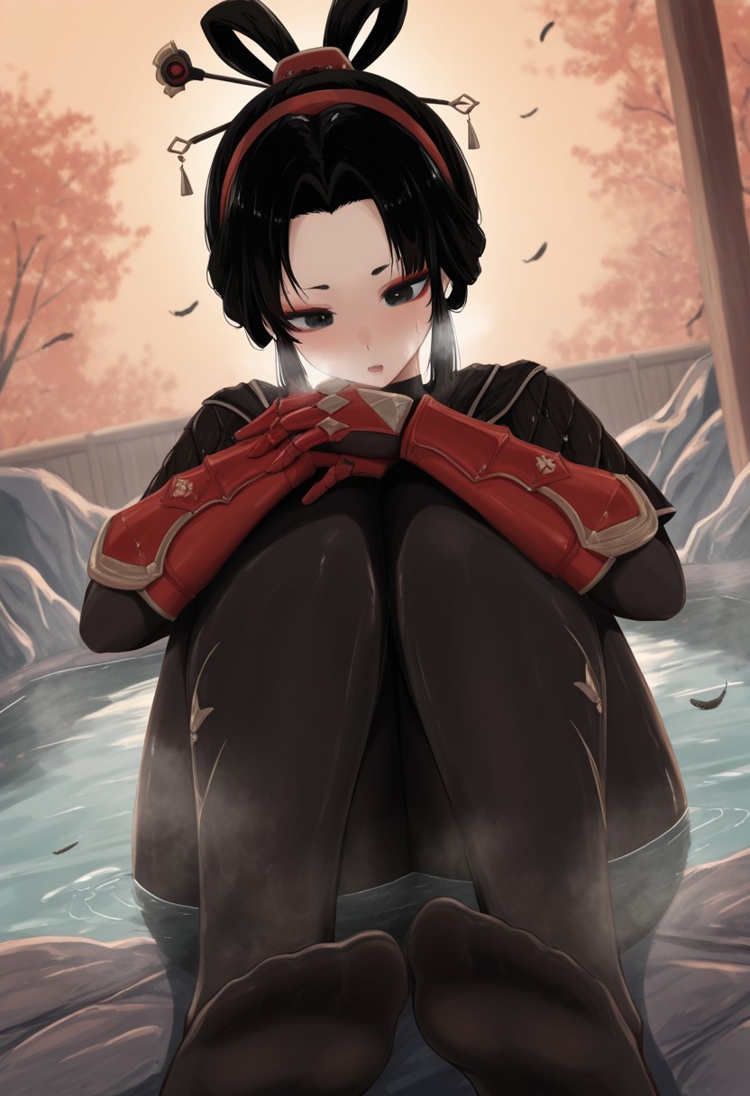 rhel,  outdoors, undershirt, falling feathers, black bodysuit, hair stick, hugging knees, knees to chest, gauntlets, eyeshadow, red gloves, two sides up, black capelet, red hairband, black eyes, 1girl, solo, feet, visible breath, dynamic angle, foreshortening, smell, steam, onsen, water