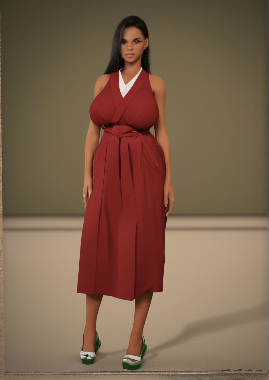 1girl, huge breast, long hair, 3d, realistic, (brazilian:1.5), brown skin, cowboy shot, hakama, hakama skirt, japanese clothes, red hakama, skirt, solo, tasuki,  zPDXL3,zPDXLrl<lora:Virt-A-MateVAM:0.8>