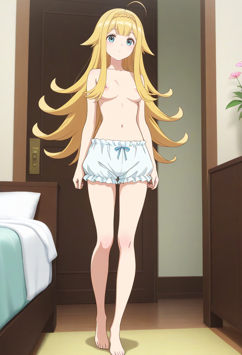 newest, masterpiece, best quality, 4k,
indoors, very aesthetic, detailed background, full body,
1girl,solo,  <lora:Liselotte Homuros:1> lisel0tte, blonde hair, very long hair, hair flaps, ahoge, underwear, bloomers, topless, barefoot, expressionless, standing,