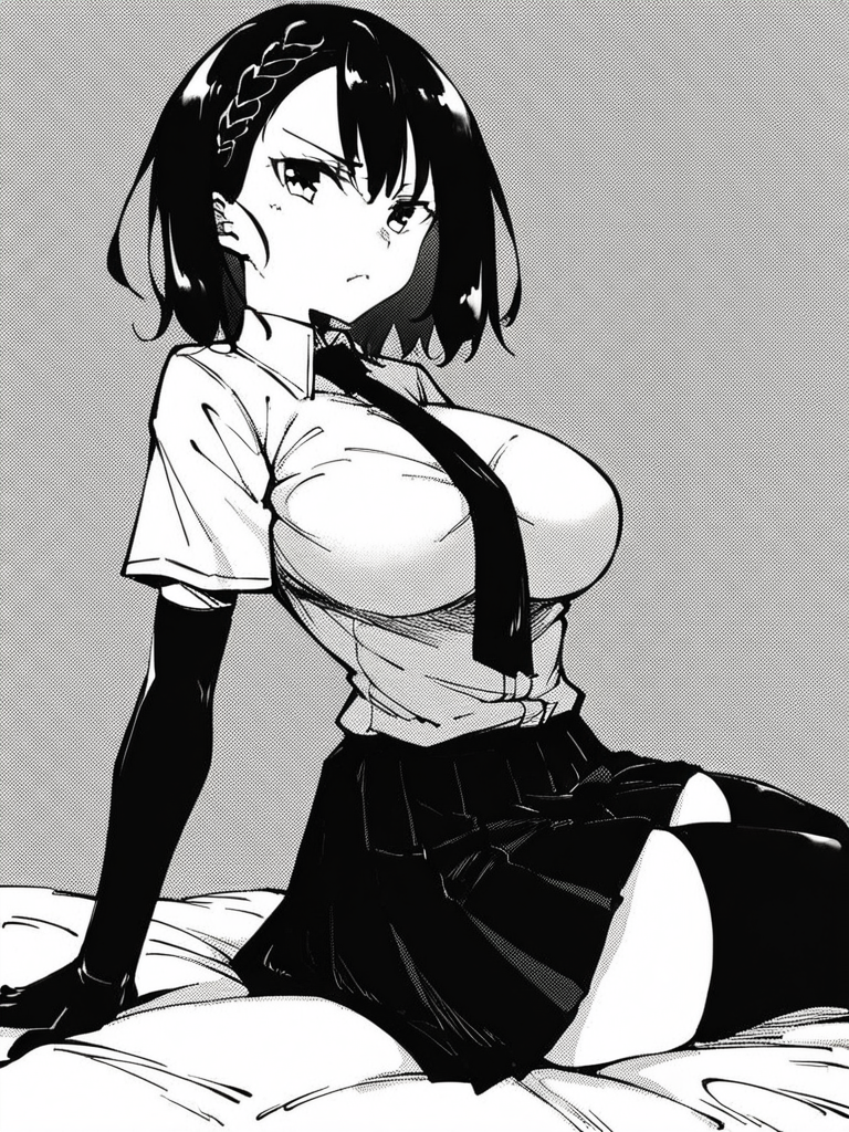 score_9, score_8_up, score_7_up,  
1girl, monochrome, kokonoe chika, black hair, medium hair, braid, large breasts,

sitting, on bed, from side, frown, closed mouth, looking at viewer, 

white shirt, short sleeves, necktie, pleated skirt, black elbow gloves, black thighhighs, 