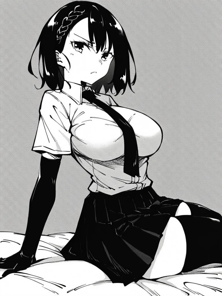 score_9, score_8_up, score_7_up,
1girl, monochrome, kokonoe chika, black hair, medium hair, braid, large breasts,
sitting, on bed, from side, frown, closed mouth, looking at viewer,
white shirt, short sleeves, necktie, pleated skirt, black elbow gloves, black thighhighs,