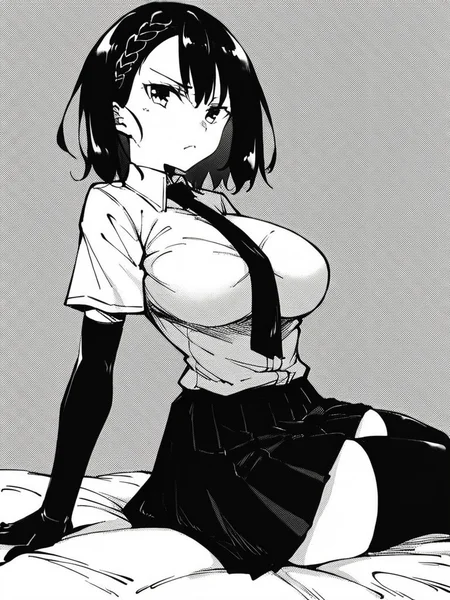 score_9, score_8_up, score_7_up,
1girl, monochrome, kokonoe chika, black hair, medium hair, braid, large breasts,
sitting, on bed, from side, frown, closed mouth, looking at viewer,
white shirt, short sleeves, necktie, pleated skirt, black elbow gloves, black thighhighs,