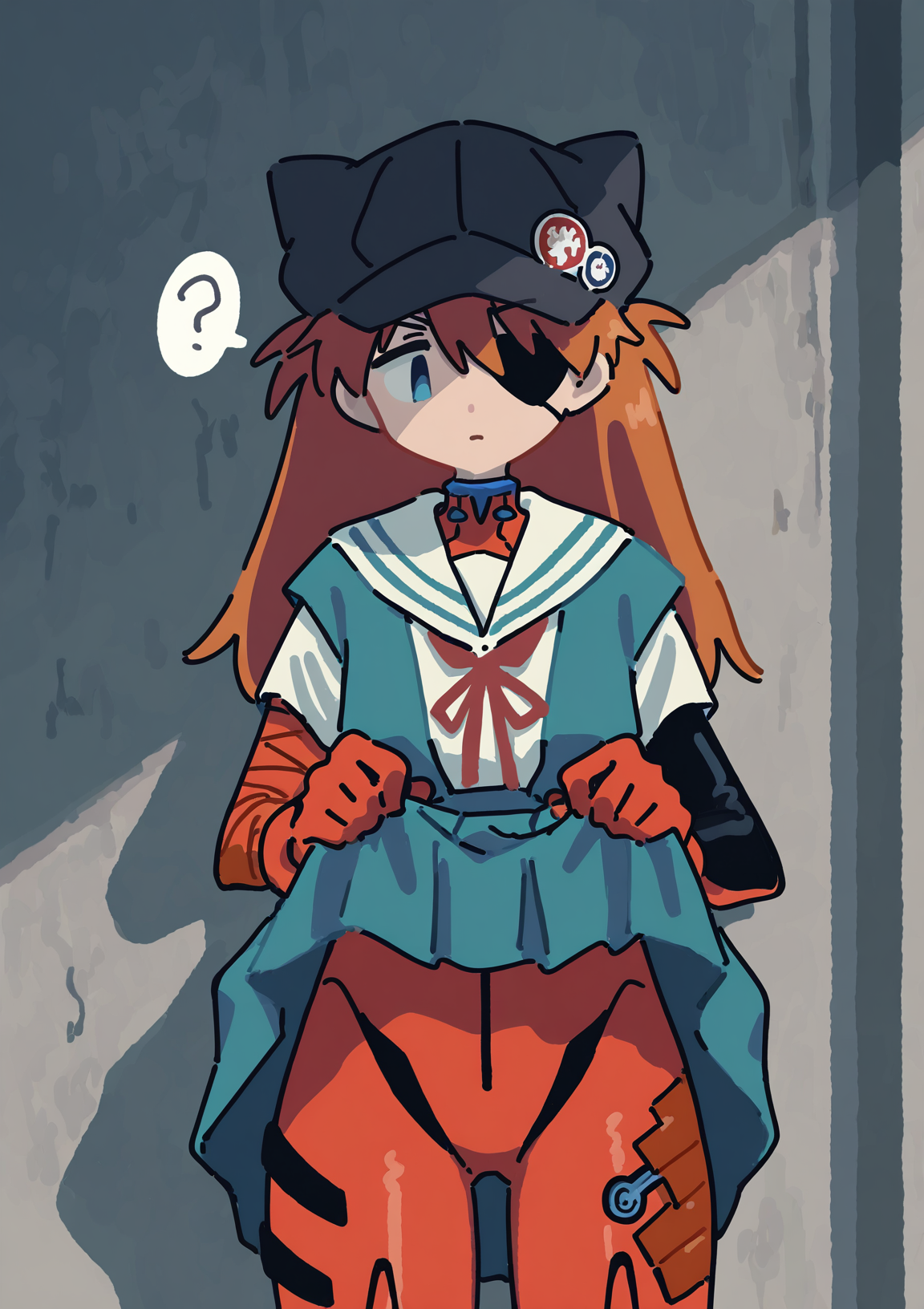 masterpiece, best quality, very aesthetic BREAK muji \(uimss\), 1girl, solo, hat, long hair, serafuku, (eyepatch), half-closed eyes, souryuu asuka langley, animal hat, plugsuit, looking down, skirt lift, lifted by self, red hair, blue eyes, confused
<lora:noob05-Kyora-san-unet only-jan31-step00002464:1>