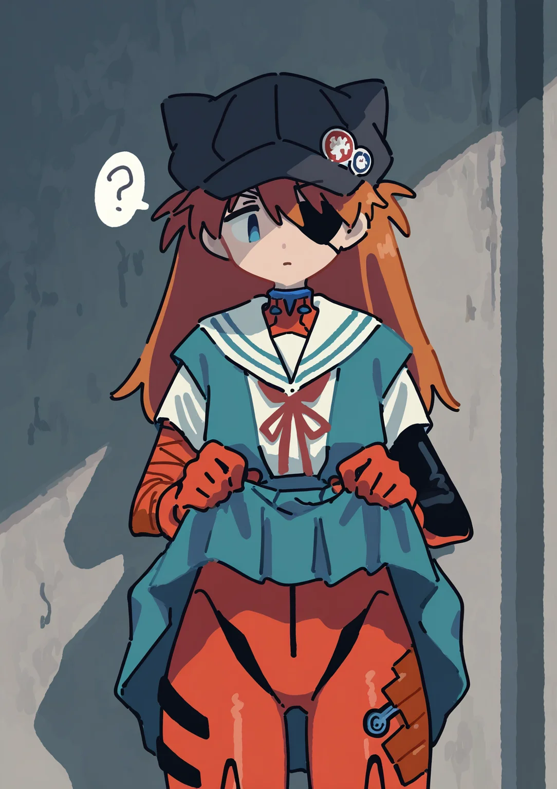 masterpiece, best quality, very aesthetic BREAK muji \(uimss\), 1girl, solo, hat, long hair, serafuku, (eyepatch), half-closed eyes, souryuu asuka langley, animal hat, plugsuit, looking down, skirt lift, lifted by self, red hair, blue eyes, confused
<lora:noob05-Kyora-san-unet only-jan31-step00002464:1>