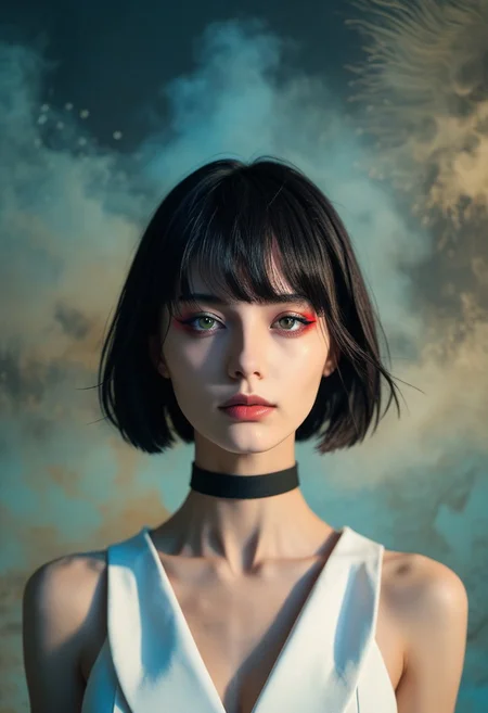(((score_9), score_8_up), score_7_up), 1girl, 20 year old girl,<lora:Hairstyles:0.8>, face focus, short hair, black hair, short hair, bob cut, long bangs, white vest, bare shouldersm, black choker, looking at viewer, makeup, indirect light, dark back ground, smokey background,sharp, hyperdetailed:1.15   <lora:lighting Slider_alpha1.0_rank4_noxattn_last:-1.8>