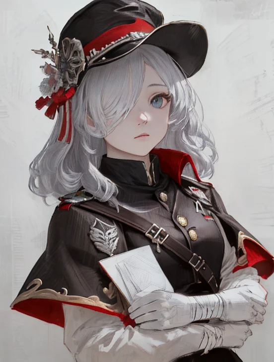 {{illustration}},{{{masterpiece}}},{{best quality}}, hignity 8k wallpaper,simple background,{{intricate detail}},{highres},Pencil drawing,(portrait:1.2),(sketch:1.2),painting,,(Line art:1.1),meticulous painting,white paper,character on paper,black and white,clear lines, looking at viewer,, official art, masterpiece, best quality, ultra-detailed, illustration, disheveled hair , game_cg, wallpaper, cover, colorful, best quality, highres,high detail, original, extremely detailed wallpaper,an extremely delicate and beautiful, perfect face, 1girl, cloud_sky , standing, , {{{smoke}}, flying in the sky, sad, bandage over one eye, light particles, sunset, cape, military uniform, military hat, lace, ribbon, stockings, dynamic composition, motion, incredibly detailed, battlefield 1, beautiful, detailed eyes,solo, amazing, finely detail, (stars),ray trace, Depth of field, detailed_finger, white gloves,(clear face:1.2)