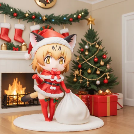 1girl, ((solo)), best quality, ultra-detailed, extremely detailed, perfect anatomy, masterpiece, score_9, score_8_up, score_7_up, Expressiveh, sand cat \(kemono friends\), 1girl, cat girl, cat ears, blonde hair, short hair, yellow eyes, cat tail, elbow gloves, bowtie, christmas tree, christmas decoration, christmas ornaments, underneath Christmas tree background, indoors, santa cosplay, santa outfit, santa hat, santa's sack, Christmas outfit, giant sack of presents, fully clothed, Christmas themed thighhighs, thighhighs, santa's sack of presents, red ribbon collar, Christmas presents, Christmas themed, living room, fireplace, (chibi), looking at viewer, smiling, eager, excited, happy, cute, adorable, surprised, hearts, shaking hips, hip sway, swaying hips, tail movement, tail_accessory, mistletoe_on_tail, mistletoe, dynamic lighting, looking at viewer, standing, standing on one foot, posing, paw pose,