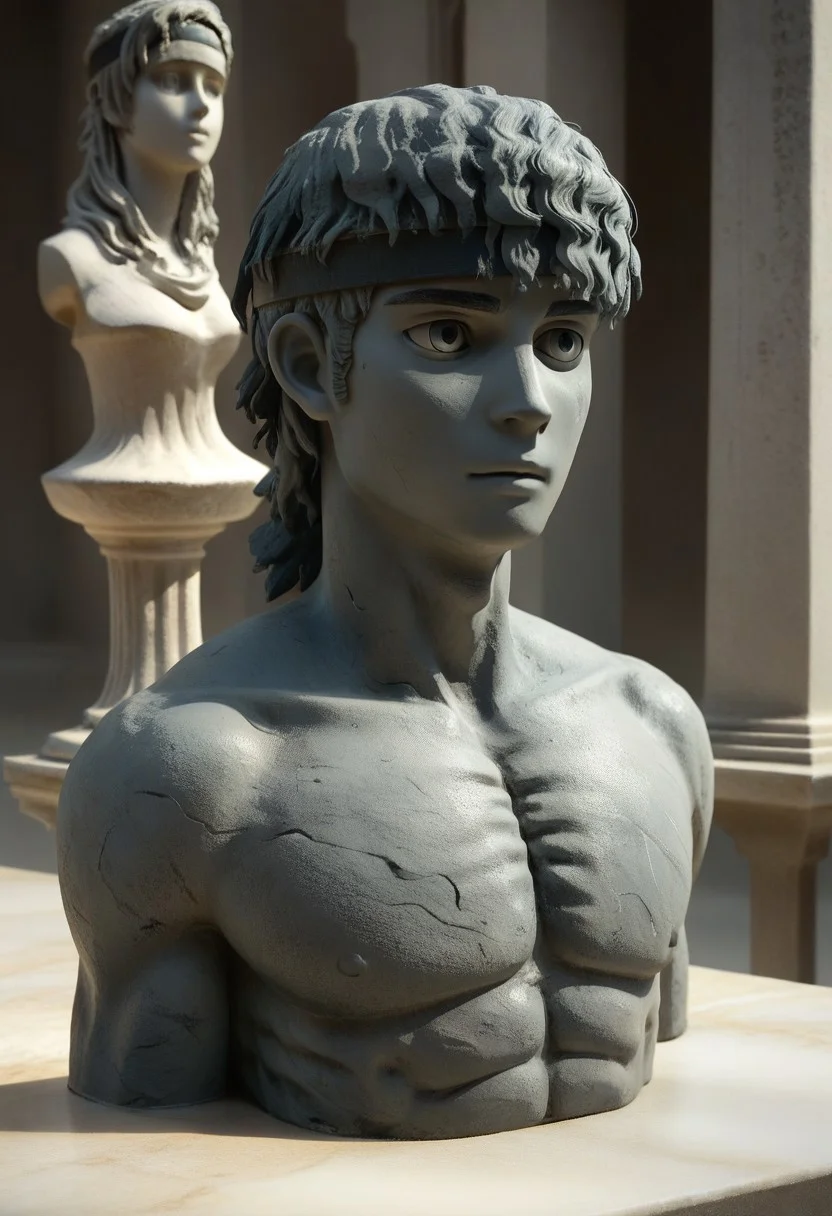 roman marble sculpture of cestvs, (((statue))), (((sculpture))), cestanim, cestvs, score_9, score_8_up, score_7_up, score_6_up, ((headband)), short black hair, bangs, toned, (((marble))), ((((sculptured marble hair)))), ((((marble headband)))), ((((marble skin)))), ((((marble eyes)))),