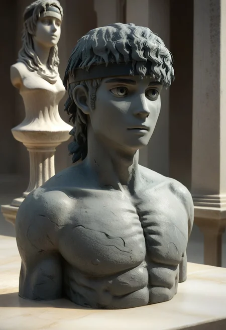 roman marble sculpture of cestvs, (((statue))), (((sculpture))), cestanim, cestvs, score_9, score_8_up, score_7_up, score_6_up, ((headband)), short black hair, bangs, toned, (((marble))), ((((sculptured marble hair)))), ((((marble headband)))), ((((marble skin)))), ((((marble eyes)))),