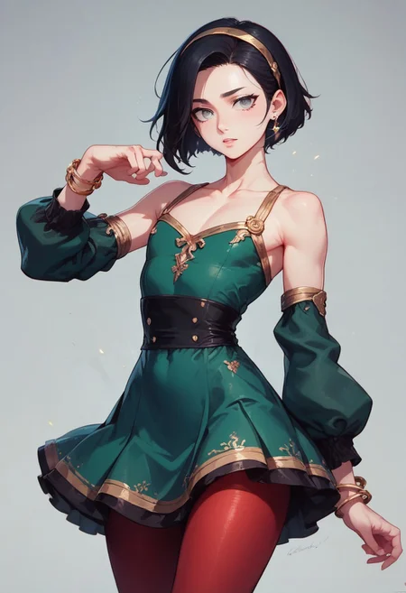 score_9, score_8_up, score_7_up, 1boy, femboy, otoko no ko, short hair, bob cut hair, black hair, grey eyes, gray eyes, feminine face, toned body, Shelly,
bodycon dress, sweater dress, wool dress, green dress, sleeves, collarbone, red pantyhose, embroidered pantyhose, earrings, bracelets, hairband with bow,
highly detailed, intricate, zzCitronCAT, model pose, modelshoot