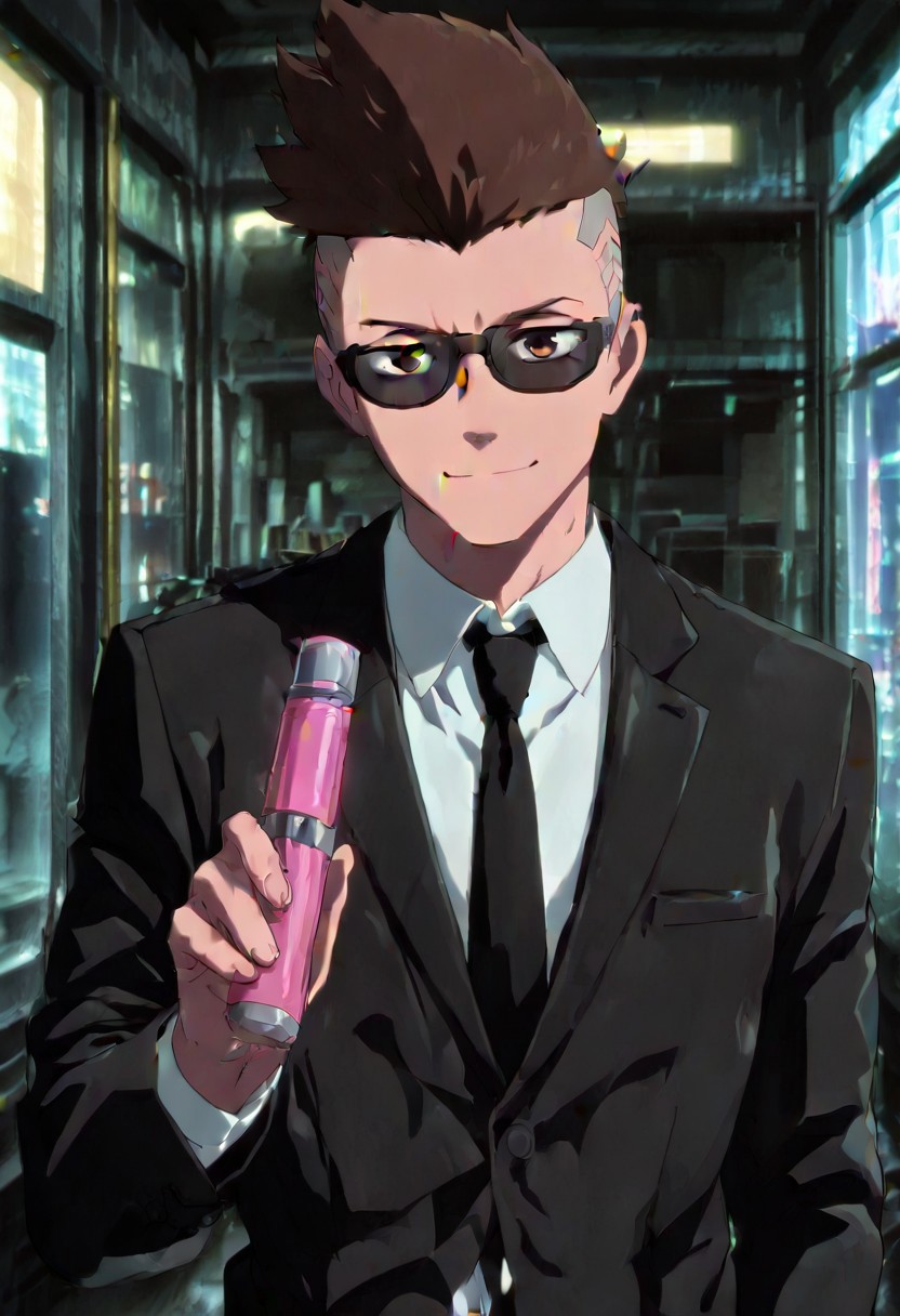 masterpiece, 4k, best quality, sharp aliasing, highly detailed, intricately detailed illustration, anime screencap, source_anime, 1boy, male, 1male, solo, edgerunner, brown eyes, brown hair, mohawk BREAK holds a neuralyzer, wears a black suit and tie, sunglasses, looking by at viewer, black tie, men in black movie, men in black, standing, si-fi corridor, smiling, closed mouth, aliens