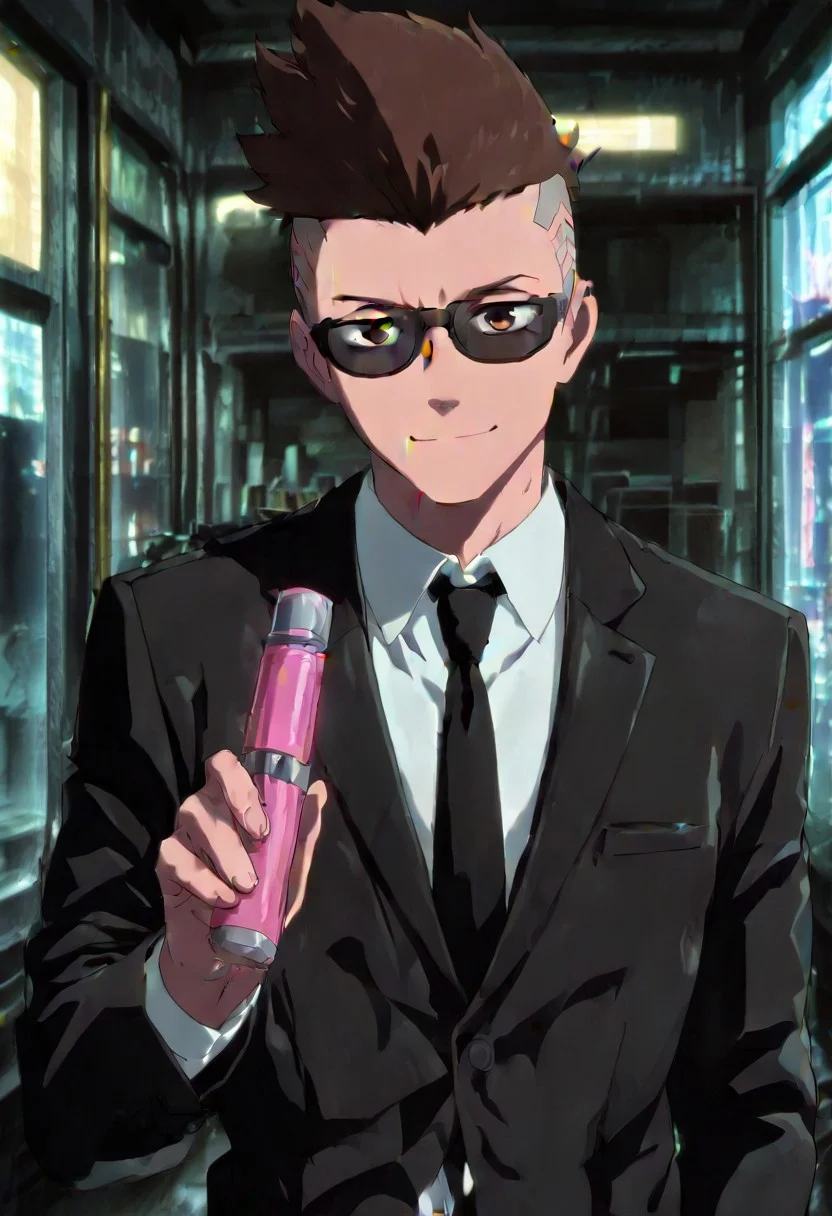 masterpiece, 4k, best quality, sharp aliasing, highly detailed, intricately detailed illustration, anime screencap, source_anime, 1boy, male, 1male, solo, edgerunner, brown eyes, brown hair, mohawk BREAK holds a neuralyzer, wears a black suit and tie, sunglasses, looking by at viewer, black tie, men in black movie, men in black, standing, si-fi corridor, smiling, closed mouth, aliens