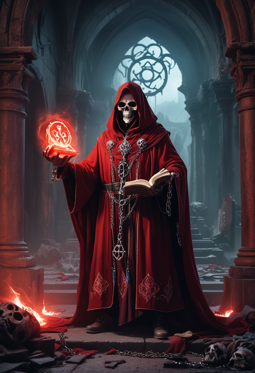 (medium full shot) of (powerful lich) with white eyes, wearing a crimson red mystical vestments, shadowy leggings, shadowy boots, clutching a arcane tome with chains, surrounded by surrounded by a ominous aura, set in  enchanted ruins, with glowing runes, crumbling arches, eerie mist, and hidden secrets, at twilight, ,Masterpiece,best quality, raw photo, realistic, very aesthetic