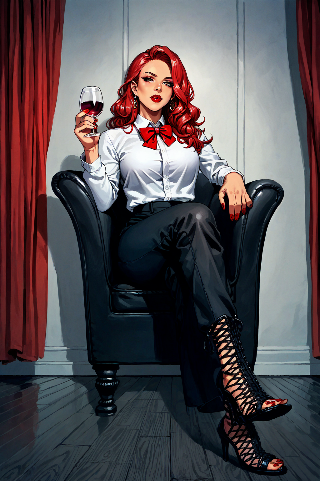 score_9, score_8_up, score_7_up, score_6_up, source_anime, 1girl, solo, crossed legs, long red hair, wavy hair, white shirt, dress shirt, red bowtie, black pants, mature, holding wine glass, parted hair, lipstick, red theme, black theme, red curtains, Black footware. Full Body, Bird Cage Boots, Cage heels, Nail Polish, Toenail Polish, Red Nails