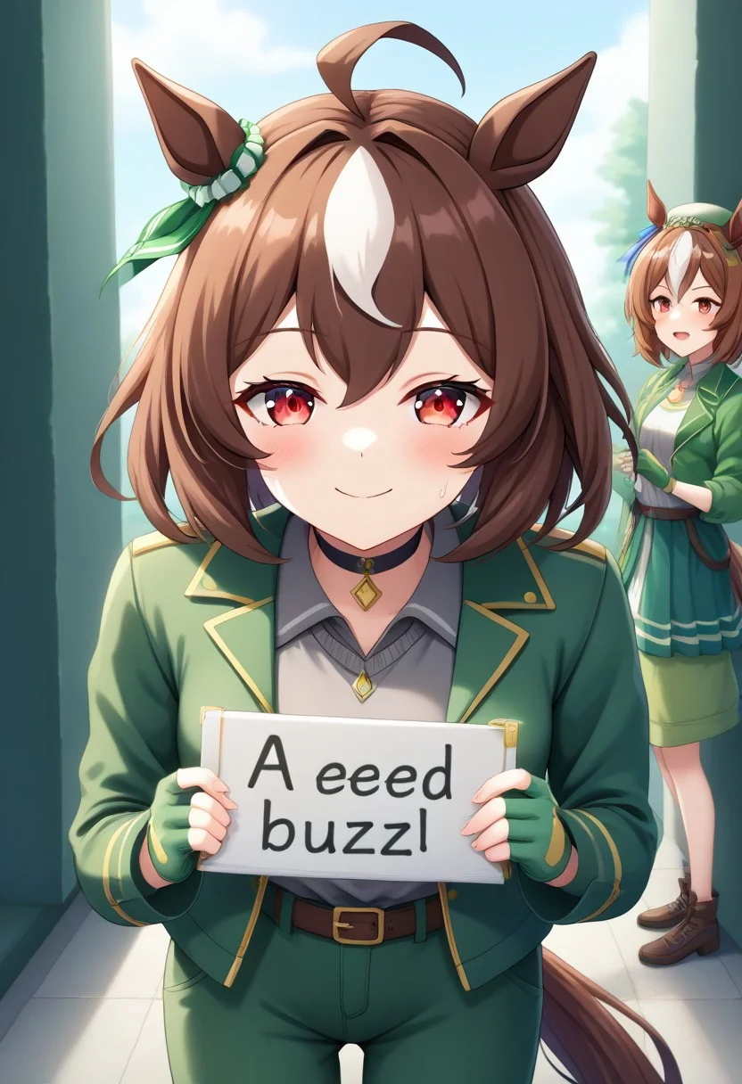 (need_buzz, holding sign), need_buzz, holding sign with another hand : 1.3))), fake smile, nervous sweat, wavy mouth, squatting, looking at viewer, very awa, artist:asanagi, from above, cjdl, cabbage(( sirius symboli, sirius symboli (umamusume), siriussymboli\(umamusume\), green jacket, open jacket, long sleeves, grey shirt, collared shirt, green pants,evil smile, half closed eyes ), 1girl, animal_ears, horse tail, smile, streaked hair, brown hair, white hair, animal ears, ear ornament, red eyes, midriff peek, black gloves, fingerless gloves, source_anime, solo, brown belt, black choker, pendant choker, hat, horse_ears, horse_girl, horse_tail, jacket, long_hair, looking_at_viewer, gogono_pan'ya, umamusume, sirius_symboli_(umamusume), speed_symboli_(umamusume), 2girls, ahoge, belt, bolo_tie, brown_hair, gloves, gold_trim, green_eyes, green_gloves, green_jacket, hair_between_eyes, hand_in_pocket, huge_ahoge, long_sleeves, looking_to_the_side, multiple_girls, open_clothes, open_jacket, red_eyes, single_hair_intake, tail, tail_through_clothes, upper_body, standing,