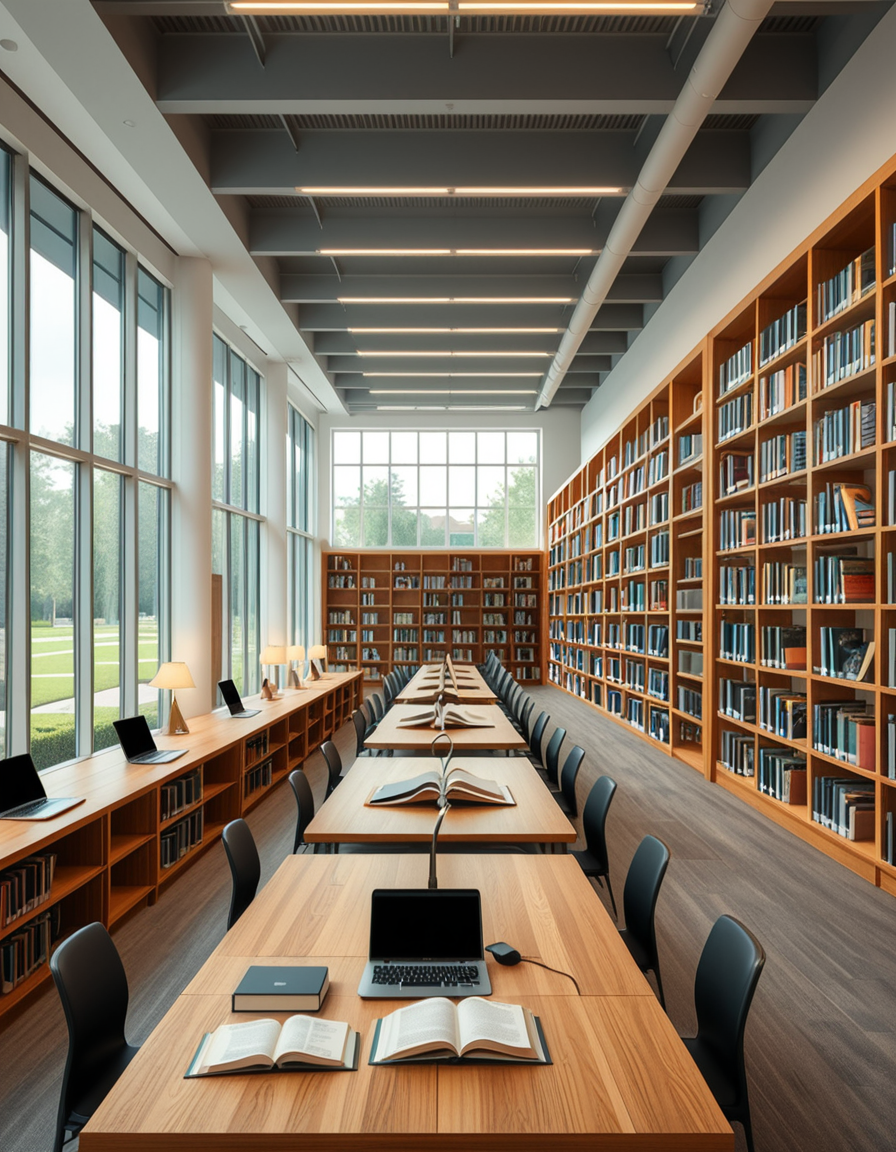 A high-resolution, ultra-realistic photograph of a modern college library interior. The scene showcases a spacious, open-plan design with large floor-to-ceiling windows allowing natural daylight to flood the space. The architectural style is contemporary, featuring minimalist furniture with clean lines: sleek wooden tables, ergonomic chairs in neutral tones (gray and beige), and built-in bookshelves made of light oak wood.
In the foreground, a group of diverse students (varied ethnicities and genders) are quietly studying, some using laptops, others reading books, with focused, calm expressions. One student is sipping coffee from a reusable cup.
The background displays rows of neatly organized books, indoor plants adding a touch of greenery, and modern pendant lights hanging from the ceiling, providing warm, ambient lighting. The floor is covered with soft gray carpet, and large abstract paintings decorate the walls, contributing to a cozy and intellectual atmosphere.
The overall mood is peaceful, studious, and inspiring, with balanced natural and artificial lighting, crisp details, and realistic textures, captured as if by a professional architectural photographer using a full-frame camera.
 <lora:SDXLFaeTastic2400:0.4> <lora:extremely_detailed:0.4> extremely detailed,<lora:modern_c0ll3g3_l1br4ry:1>,modern c0ll3g3 l1br4ry, Masterpiece,best quality,hi res,8k,hi res,8k,award winning,(sharp focus, intricate, highly detailed),