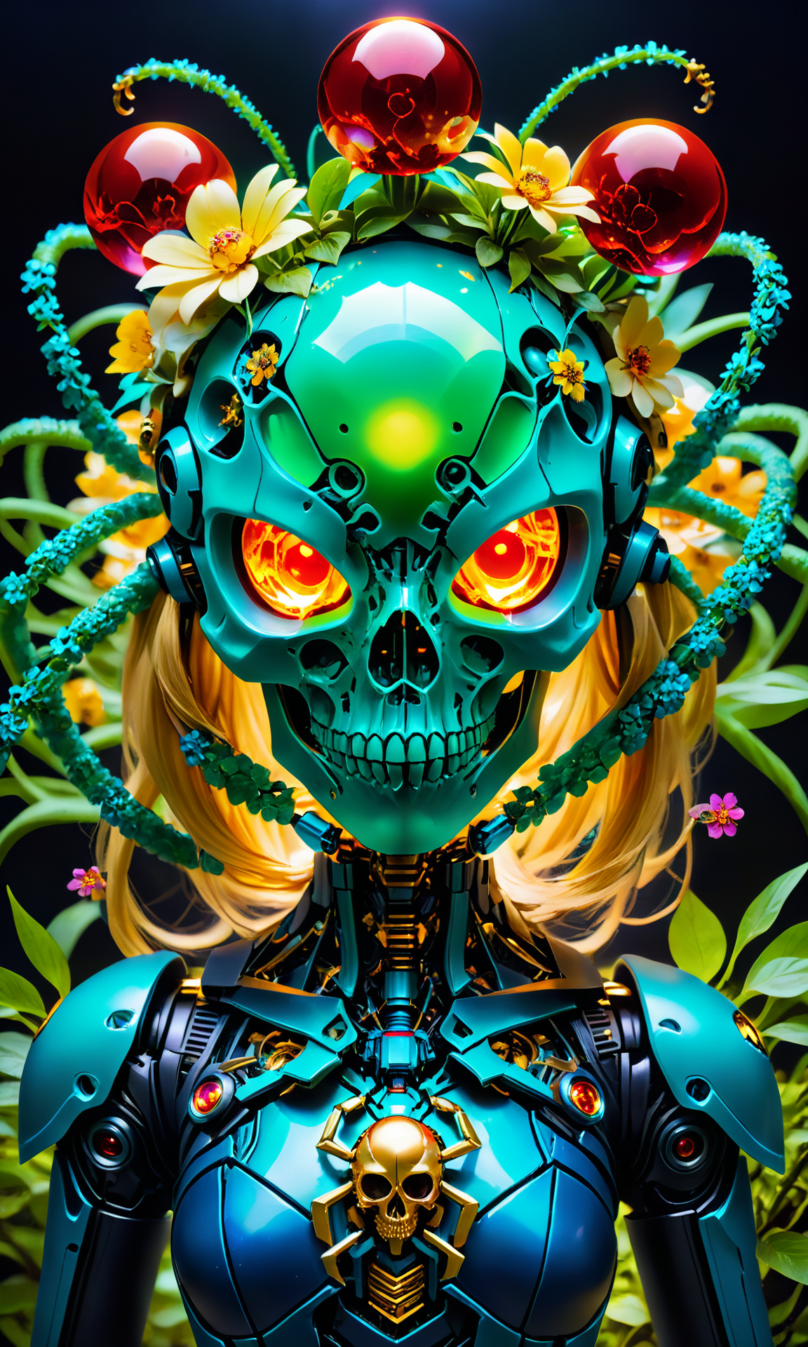 <lora:Skull:0.75> epoxy_skull, A skullish green spider-head female android made of flowers with golden hair and blue eyes holding a red glowing orb</photo>high resolution" realistic>photorealistic "photograph of an anime character robot looking at the camera::art by Hsiao-Ron Cheng!!!!!!!!!! sci