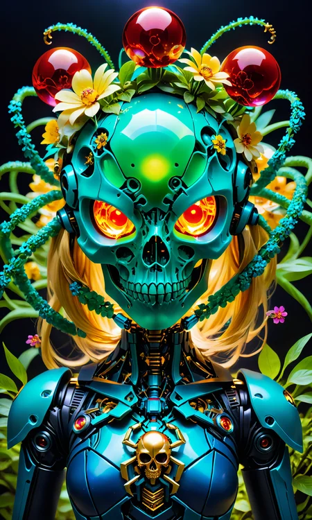 <lora:Skull:0.75> epoxy_skull, A skullish green spider-head female android made of flowers with golden hair and blue eyes holding a red glowing orb</photo>high resolution" realistic>photorealistic "photograph of an anime character robot looking at the camera::art by Hsiao-Ron Cheng!!!!!!!!!! sci