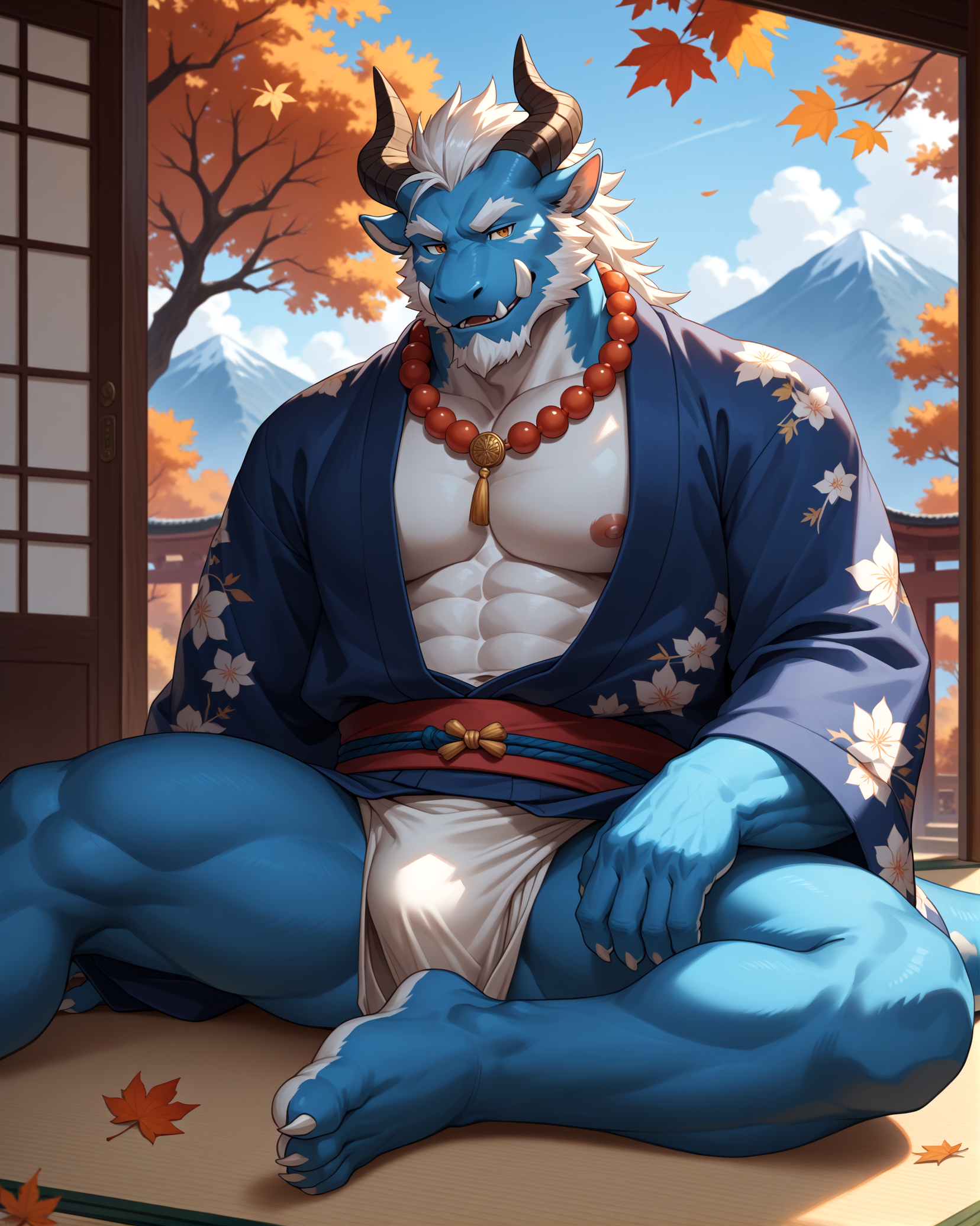 score_9,score_8_up,score_7_up,score_6_up,furry,kemono,high quality,tail,rating_explicit,embedding:zPDXL3 BREAK male furry,(bara),huge plump Chest Muscles,perfect anatomy,
(half naked,white Fundoshi,Show one shoulder) ,Tatami,Sitting on the ground,feet spread,Japanese style room,full body,jewelry,pattern gold and blue japanese clothes,large pectorals,smile,nipples,beard,mature male,furry male,facial hair,bare pectorals,white hair,furry,kimono,Buddha bead necklace,open red and blue and  gold Patterned kimono,tail,beads,dragon horns,stomach,monster boy,open clothes,abs,tusks,colored skin,(two color skin),navel,((crotch bulge)),(Landscape background,Scenery outside the open window door),(one leg on ground),white abs,(white  skin),(blue skin:0.7),Mountain, autumn,maple,(claw)