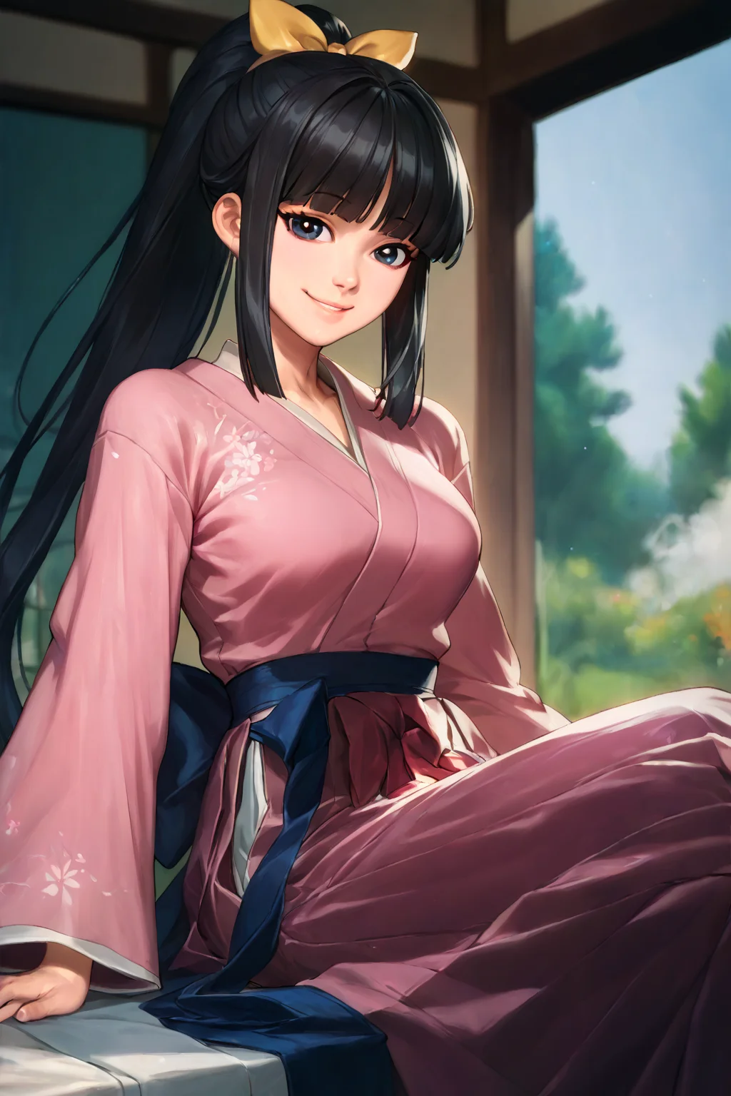 1girl,solo,(masterpiece:1.2),(best quality:1.2),SCORE_9,SCORE_8_UP,SCORE_7_UP,looking at viewer,SCORE_6_UP,SCORE_5_UP,SCORE_4_UP,indoors,long hair,ponytail,black hair,bangs,ribbon,smile,hakama,hakama skirt,hair bow,wide sleeves,pink kimono,floral print,long sleeves,very long hair,<lora:StS_PonyXL_Detail_Slider_v1.4_iteration_3:3>,<lora:neoartcore-lora_PonyXL01C:1>,
