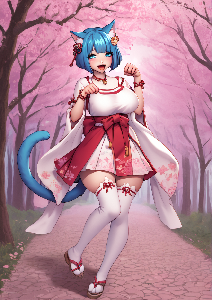 1girl, sakura yumi, huge breast, animal ears, blue eyes, blue hair, blush, bracelet, cat, cat ears, cat tail, cherry blossoms, fang, jewelry, navel, necklace, open mouth, paw pose, sandals, short hair, skirt, solo, tail, thighhighs, white thighhighs,zPDXL3  <lora:KolgaArt:1>