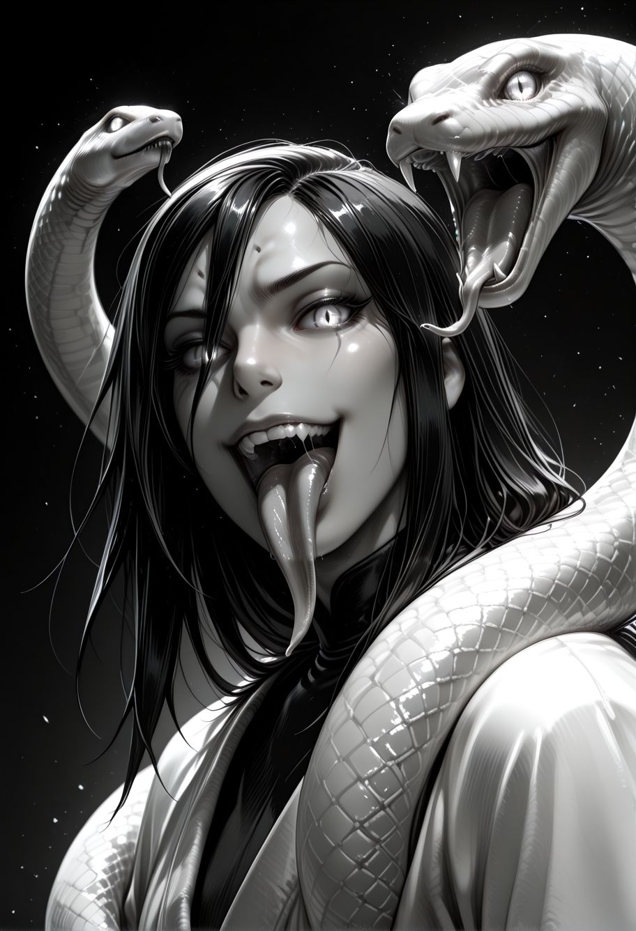 SmoothNoob_Quality, (greyscale:1.5), 1boy, orochimaru \(naruto\), naruto shippuuden, portrait, upper body, glowing eyes, slit pupils, evil smile, open mouth, long tongue, animal, snake, spot color, black and white, dynamic angle, looking at viewer, (black background), <lora:Mature_Comics_Style_-_NoobAI:1>,​​​