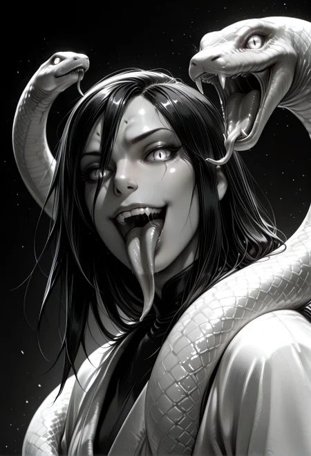 SmoothNoob_Quality, (greyscale:1.5), 1boy, orochimaru \(naruto\), naruto shippuuden, portrait, upper body, glowing eyes, slit pupils, evil smile, open mouth, long tongue, animal, snake, spot color, black and white, dynamic angle, looking at viewer, (black background), <lora:Mature_Comics_Style_-_NoobAI:1>,