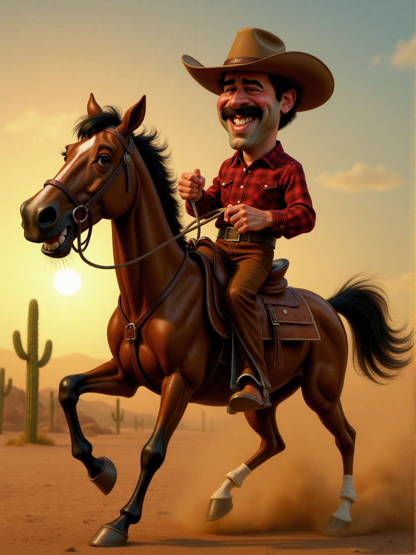 Animated caricature of a cowboy riding a horse at full gallop through the desert. The cowboy is wearing a wide-brimmed hat, a checkered shirt, and leather chaps. His face is exaggerated with a huge grin, and his mustache is wild, almost as if it's caught in the wind. The horse is galloping with its mane flying in the wind, and the cowboy is holding a lasso high in the air, aiming at an unseen target. Dust clouds swirl around them, and a few cacti are dotted in the background, with a setting sun casting an orange glow over the scene. <lora:3d_caricature_Strong:0.8>