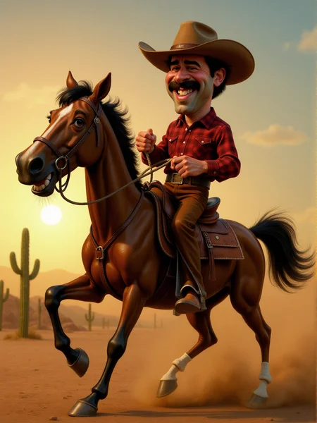 Animated caricature of a cowboy riding a horse at full gallop through the desert. The cowboy is wearing a wide-brimmed hat, a checkered shirt, and leather chaps. His face is exaggerated with a huge grin, and his mustache is wild, almost as if it's caught in the wind. The horse is galloping with its mane flying in the wind, and the cowboy is holding a lasso high in the air, aiming at an unseen target. Dust clouds swirl around them, and a few cacti are dotted in the background, with a setting sun casting an orange glow over the scene. <lora:3d_caricature_Strong:0.8>