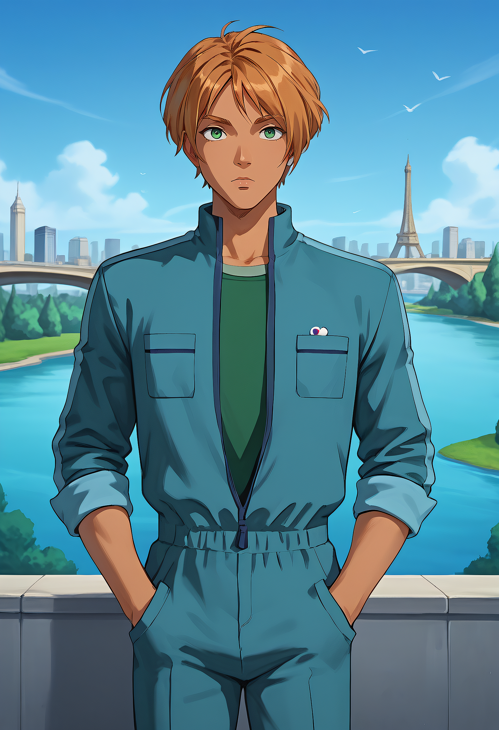 embedding:Pony\Positive\zPDXL3, score_9, score_8_up, score_7_up, 1boy, guillaume_ts!, green eyes, ginger hair, light tanned skin, green shirt, jumpsuit, look at viewer, hands in pocket, city background, Paris, river, bridge, park best quality, high resolution, masterpiece.