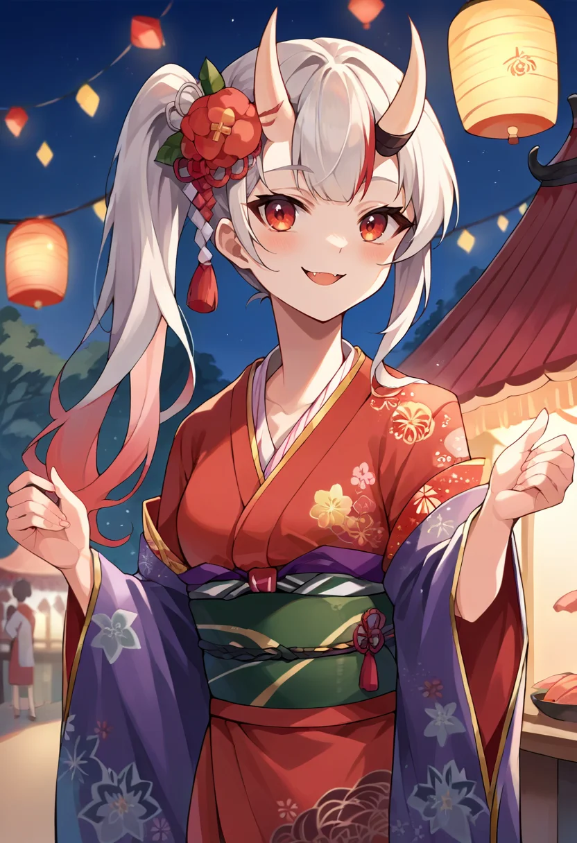 score_9, score_8_up, score_7_up, source_anime, 1girl, solo, AyameNewYears, oni horns, long hair, side ponytail, red kimono, floral print, hair flower, sash, haori, outdoors, festival, night, paper lanterns, food stalls, smile, fang, blush, <lora:CHAR-NakiriAyamePonyXL:1>