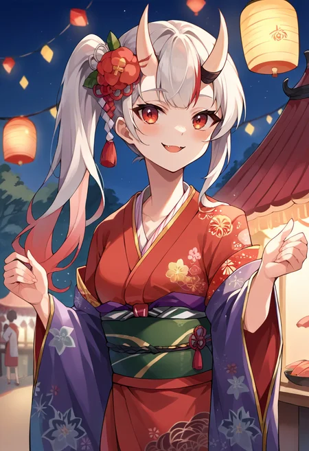 score_9, score_8_up, score_7_up, source_anime, 1girl, solo, AyameNewYears, oni horns, long hair, side ponytail, red kimono, floral print, hair flower, sash, haori, outdoors, festival, night, paper lanterns, food stalls, smile, fang, blush, <lora:CHAR-NakiriAyamePonyXL:1>