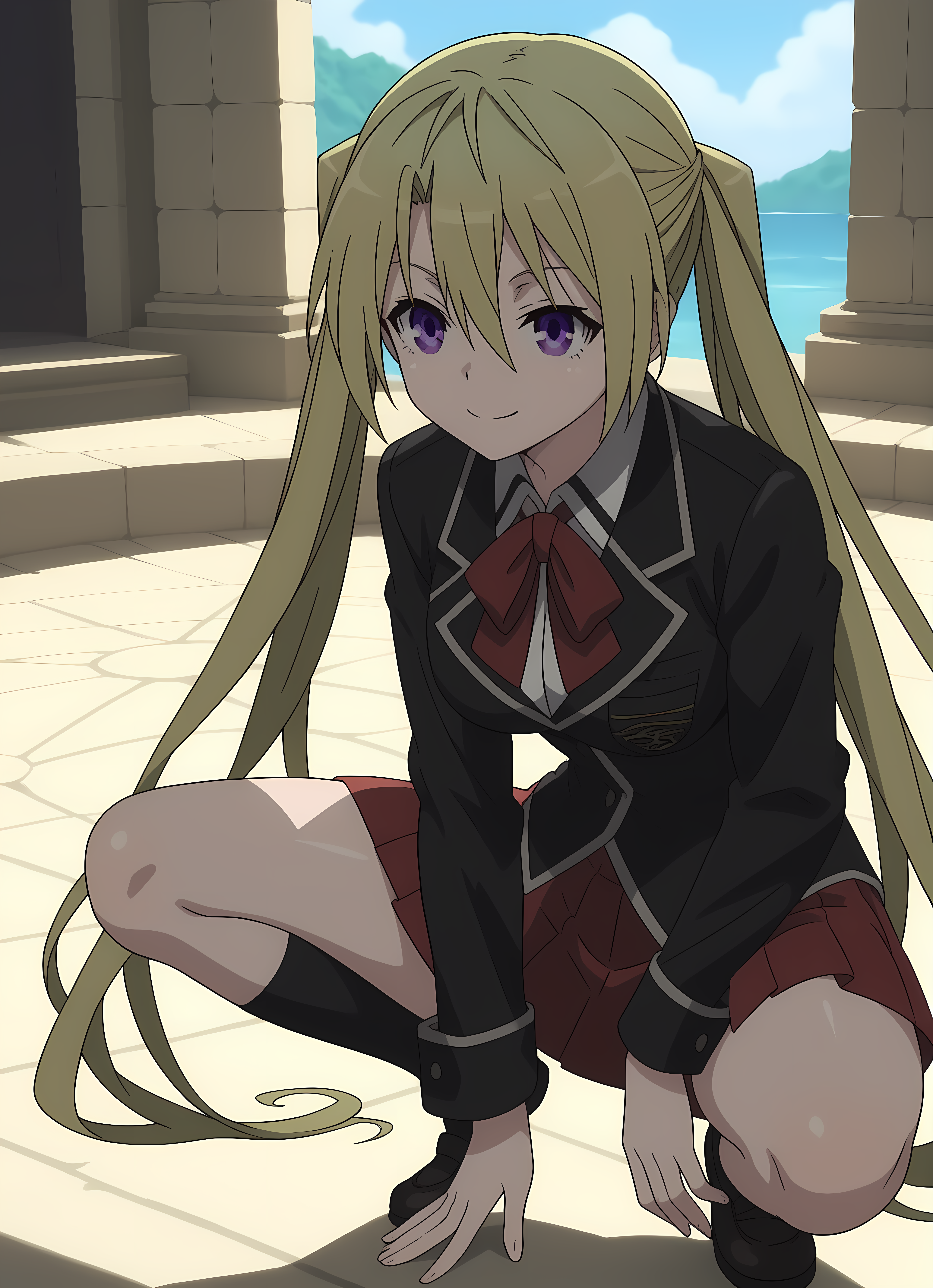 score_9,score_8_up,score_7_up,closed mouth, shiny skin, light smile,ohwx, blonde_hair, long_hair, 1girl, twintails, solo, breasts, purple_eyes, large_breasts, medium_breasts, hair_between_eyes, very_long_hair,school_uniform, skirt, Squatting, ready to jump, ancient stone circle in a cosmic meadow,<lora:lieselotte_sherlock_pony_sobsynapse-000011:1>