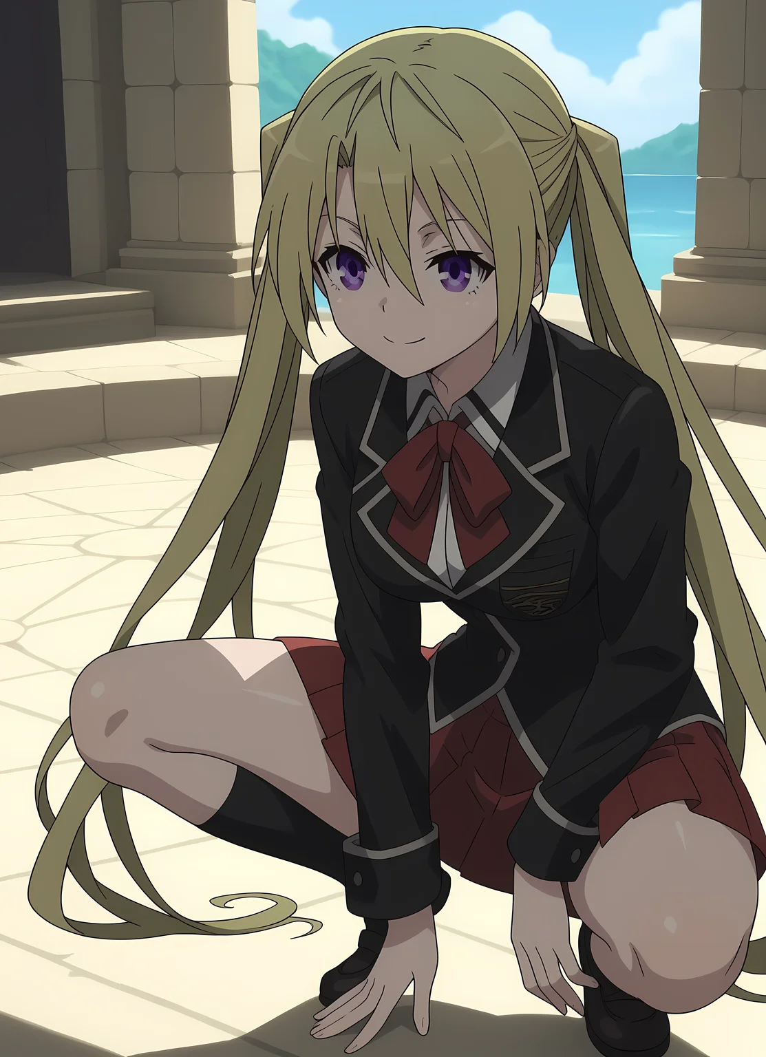 score_9,score_8_up,score_7_up,closed mouth, shiny skin, light smile,ohwx, blonde_hair, long_hair, 1girl, twintails, solo, breasts, purple_eyes, large_breasts, medium_breasts, hair_between_eyes, very_long_hair,school_uniform, skirt, Squatting, ready to jump, ancient stone circle in a cosmic meadow,<lora:lieselotte_sherlock_pony_sobsynapse-000011:1>