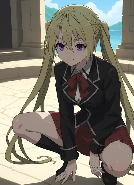 score_9,score_8_up,score_7_up,closed mouth, shiny skin, light smile,ohwx, blonde_hair, long_hair, 1girl, twintails, solo, breasts, purple_eyes, large_breasts, medium_breasts, hair_between_eyes, very_long_hair,school_uniform, skirt, Squatting, ready to jump, ancient stone circle in a cosmic meadow,<lora:lieselotte_sherlock_pony_sobsynapse-000011:1>