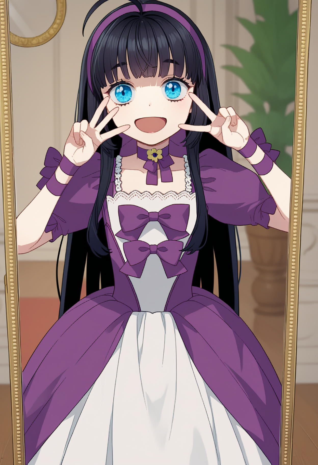 score_9, score_8_up, score_7_up, source_anime, ,
BREAK
1girl, solo,
<lora:shiAbiDaughtV1:1>, 
shiabidaupurp, vnstyle,
black hair, blue eyes, long hair, ahoge, purple hairband, blunt bangs,
white dress, purple bow, purple choker, ribbon choker, puffy sleeves
looking at mirror, reflection, smile, open mouth, v,