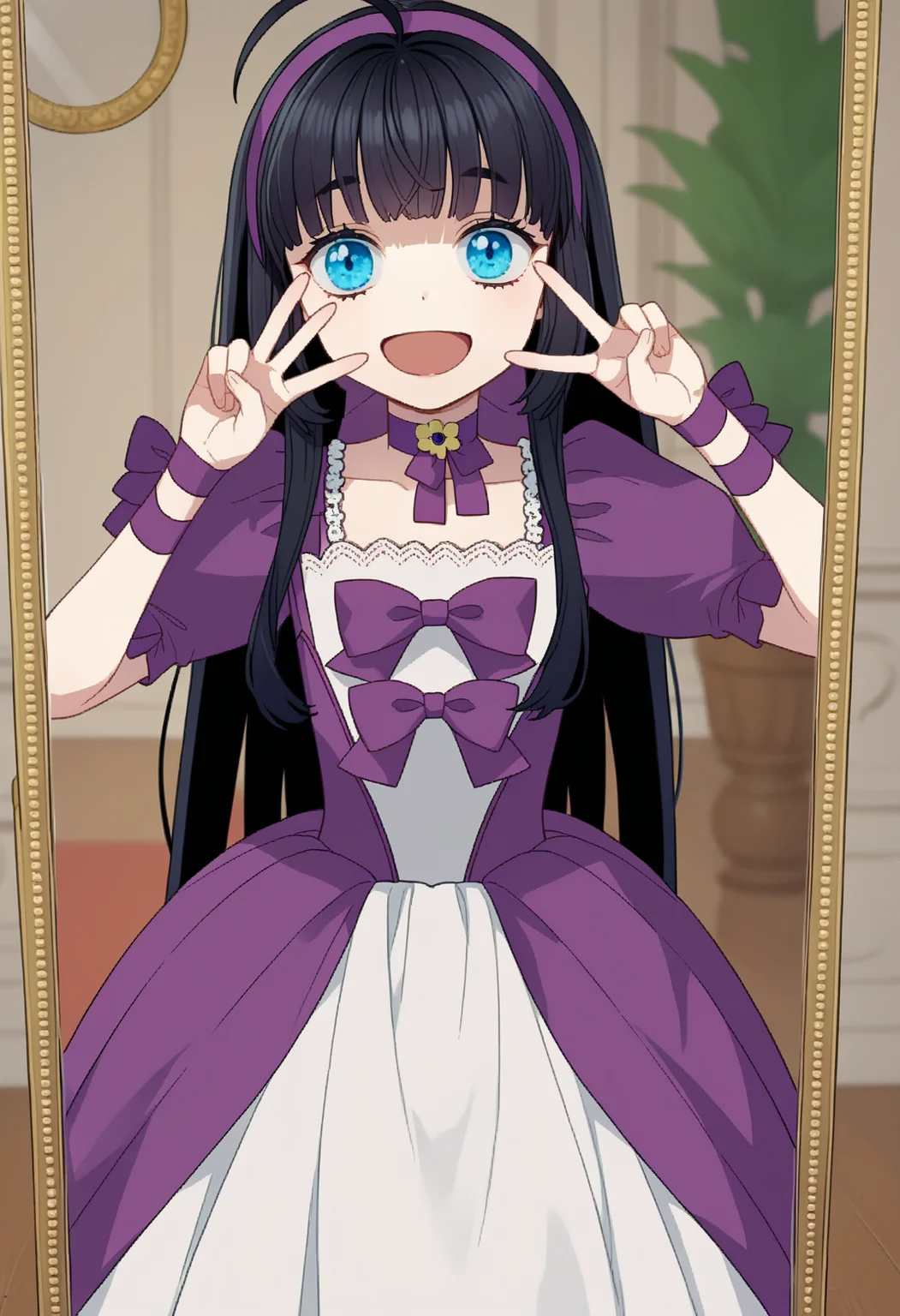 score_9, score_8_up, score_7_up, source_anime, ,
BREAK
1girl, solo,
<lora:shiAbiDaughtV1:1>,
shiabidaupurp, vnstyle,
black hair, blue eyes, long hair, ahoge, purple hairband, blunt bangs,
white dress, purple bow, purple choker, ribbon choker, puffy sleeves
looking at mirror, reflection, smile, open mouth, v,