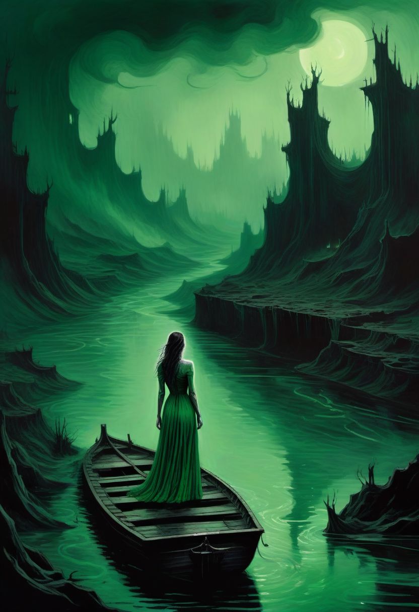 ink illustration, a hauntingly sad but beautiful scene of a woman in green dress standing on a barge crossing the river Styx, towards hell, moody, gloomy, dark image, high contrast, stylized, linquivera, liiv1