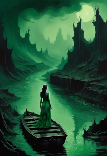 ink illustration, a hauntingly sad but beautiful scene of a woman in green dress standing on a barge crossing the river Styx, towards hell, moody, gloomy, dark image, high contrast, stylized, linquivera, liiv1
