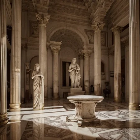 (masterpiece:1.2), (best quality,:1.2), 8k, HDR, ultra detailed, ((photorealistic)), professional light, cinematic lighting, fashion photography, ambient lighting, face lighting, <lora:detail_slider_v4:1>, Fantasy picture, OverallDetail, large ancient room with a marble table, and with a statue on the floor in the middle, RomInt, <lora:RomanInterior-10:1>, epiCPhoto