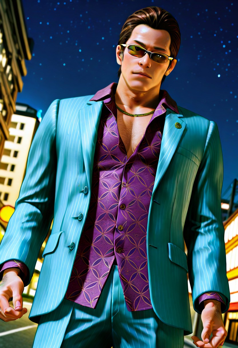 perfect anatomy, perfect proportions, best quality, masterpiece, high_resolution, high quality, best aesthetic, incredibly absurdres, highres, extremely detailed, huge filesize, ( bara, solo male, male focus, adult, mature, masculine, manly, rugged:1.4), handsome, charming, alluring, standing, upper body, dutch angle, cowboy shot, (perfect face, detailed face, photorealistic, realistic:1.4), source_game \(Judgment\), official style \(Judgment\), Toru Higash, YKZToru, dark brown hair, short hair, slicked back hair, faint facial hair, YKZToru_outfit01, gold half-frame sunglasses, light grey pinstriped suit, untucked purple and gold patterned dress shirt, purple button-up shirt, untucked shirt, lapel collar shirt, gold chain necklace, light grey pinstriped jacket, light grey pinstriped pants, oxblood cap-toe oxfords, oxblood shoes, left earrings, black ear stud, white ear piercing, apel pin, Matsugane-gumi clan crest\(badge\), outdoors, night, neon, city, low angle, from below, depth of field, 