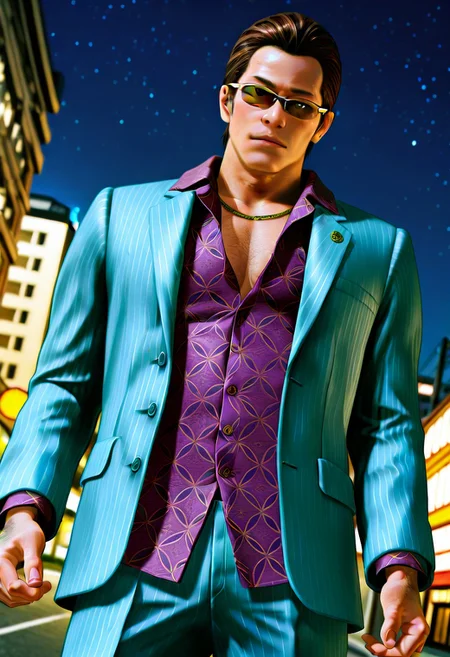 perfect anatomy, perfect proportions, best quality, masterpiece, high_resolution, high quality, best aesthetic, incredibly absurdres, highres, extremely detailed, huge filesize, ( bara, solo male, male focus, adult, mature, masculine, manly, rugged:1.4), handsome, charming, alluring, standing, upper body, dutch angle, cowboy shot, (perfect face, detailed face, photorealistic, realistic:1.4), source_game \(Judgment\), official style \(Judgment\), Toru Higash, YKZToru, dark brown hair, short hair, slicked back hair, faint facial hair, YKZToru_outfit01, gold half-frame sunglasses, light grey pinstriped suit, untucked purple and gold patterned dress shirt, purple button-up shirt, untucked shirt, lapel collar shirt, gold chain necklace, light grey pinstriped jacket, light grey pinstriped pants, oxblood cap-toe oxfords, oxblood shoes, left earrings, black ear stud, white ear piercing, apel pin, Matsugane-gumi clan crest\(badge\), outdoors, night, neon, city, low angle, from below, depth of field,