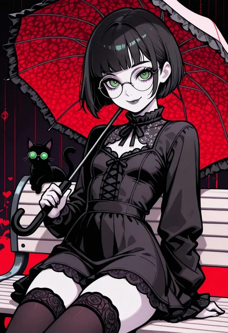 masterpiece, best quality, 32k, high resolution, absurdres, vector art, flat colors, s1n0p0pe, in the style of Jedpstgl, Impressionism, Vaporwave,Pixel Art, Polly, PollyRH, short hair, bobcut, black hair, bangs, green eyes, small breasts, almost flat chest, slim, pale skin, big round eyeglasses, clear eyeglasses lenses, red, lip gloss, short goth dress, dark background, creepy background, abstracts, cowboy shot, looking at the viewer, holding an umbrella, hearts pattern umbrella, smiling, closed mouth, sitting on a bench, metal bench, thighhighs, black cat, goth attire,